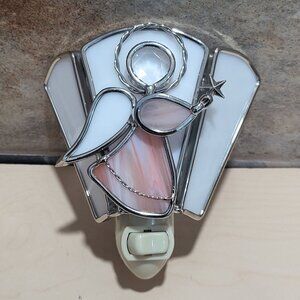 Stained Glass Angel Plug In Nightlight Pink White Silver Plate Finish